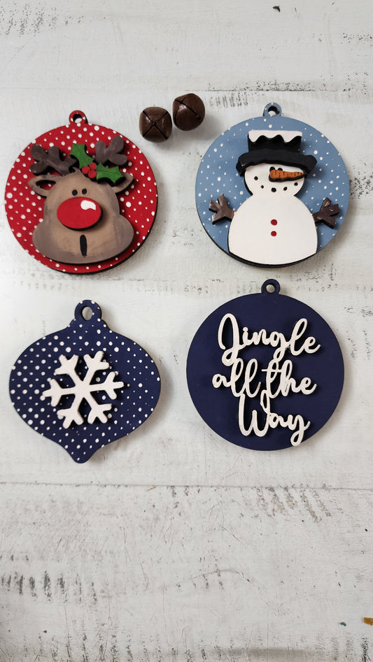 Ornament Set #1 Rudolph, Jingle, Snowflake, Snowman