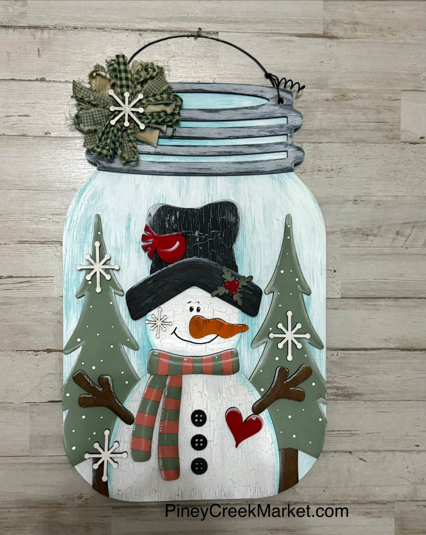 Snow man in a Mason Jar Wooden door hanger