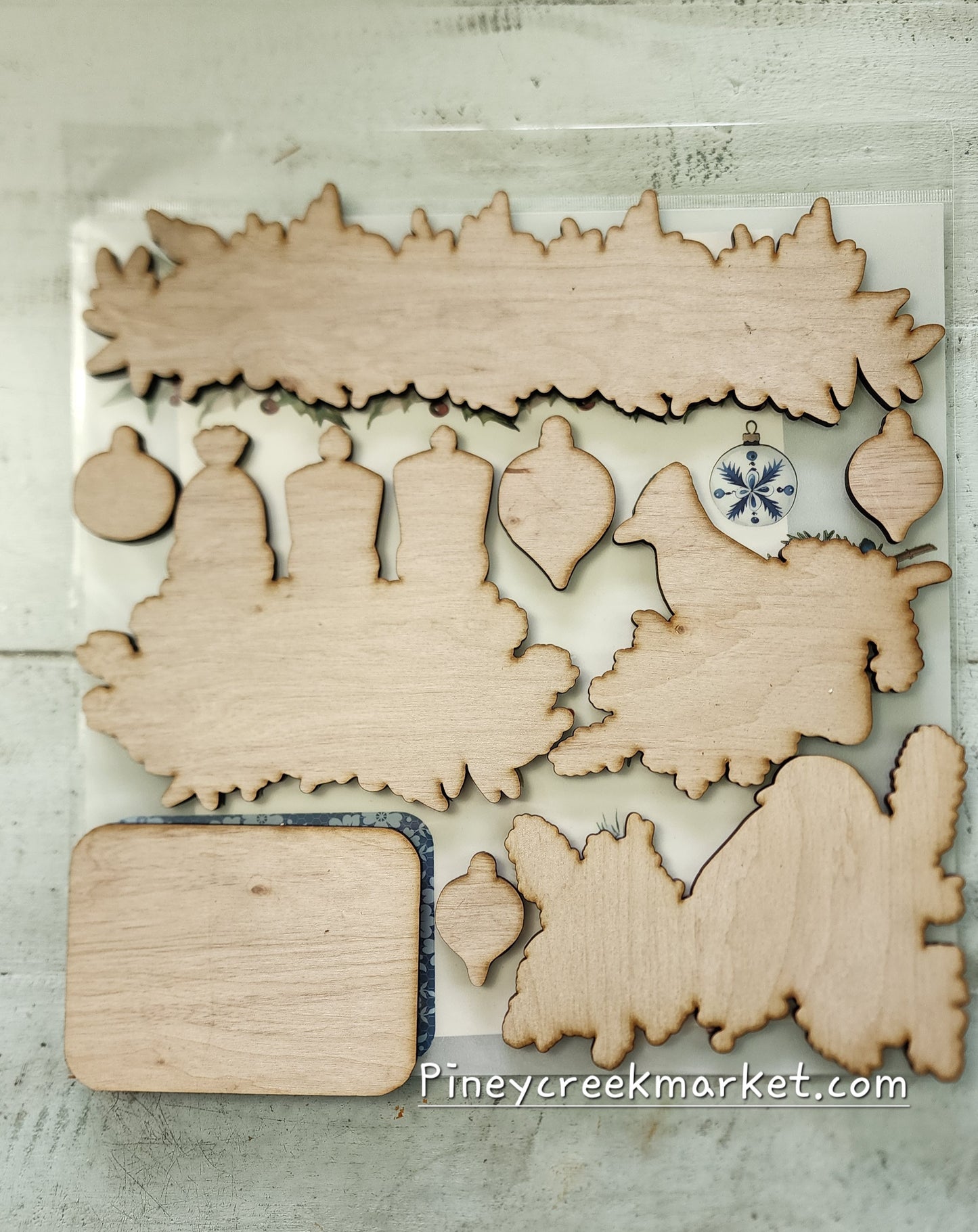 Wood cutouts for Blue Hues of Christmas Rub-on transfers