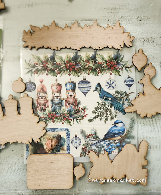 Wood cutouts for Blue Hues of Christmas Rub-on transfers