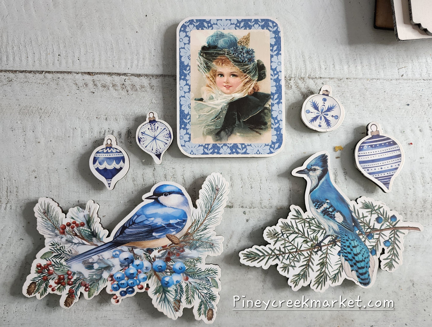 Wood cutouts for Blue Hues of Christmas Rub-on transfers