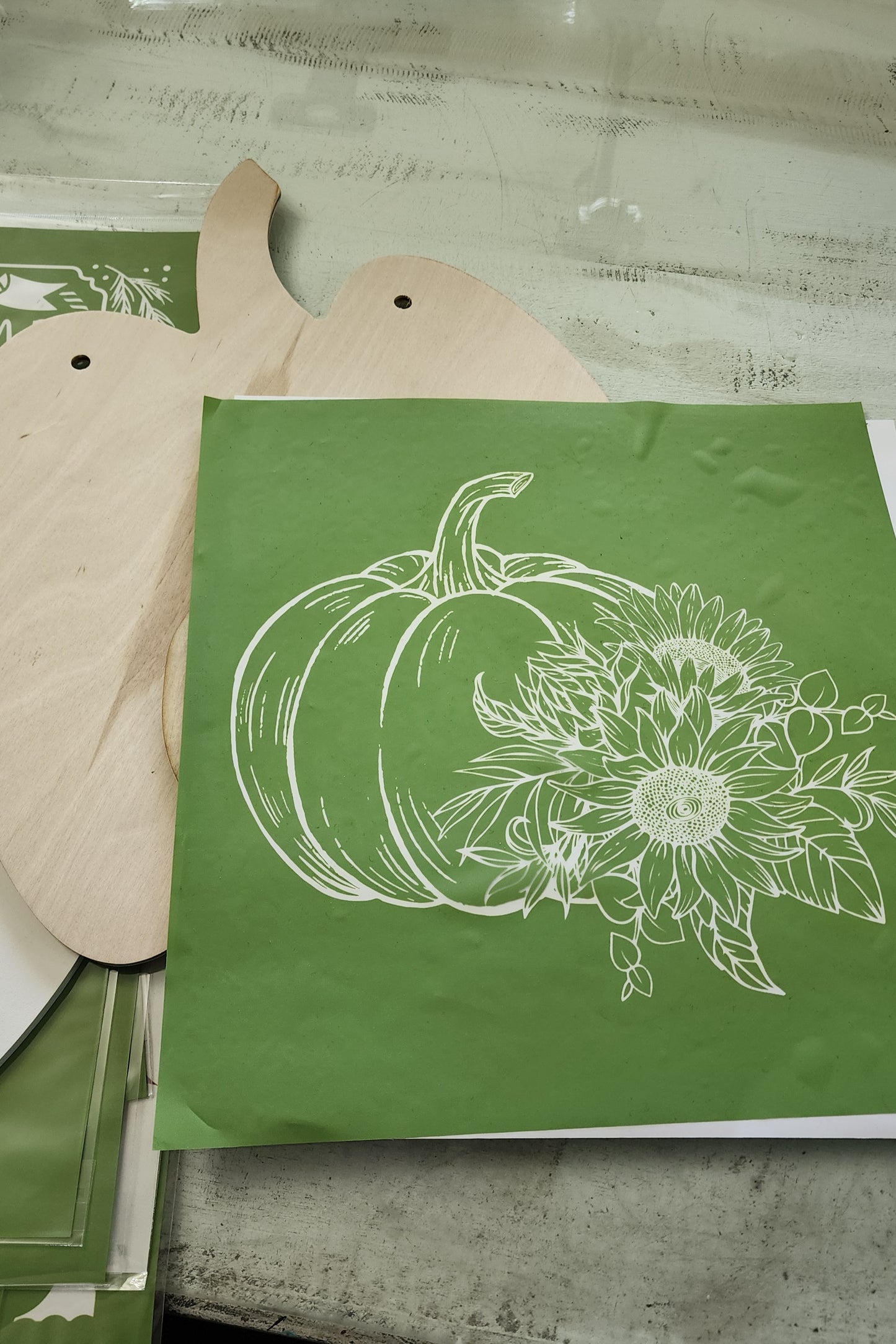 Pumpkins layered door hanger. Used the Floral Pumpkin stencil. Wood cutouts only.