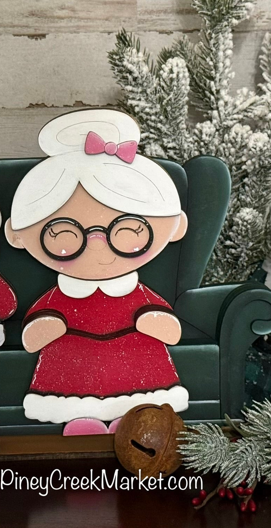 Mrs. Santa (only)shelf sitter Hangs over the edge of the couch and chair or your shelf!