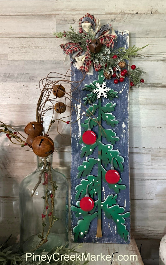 Cedar board with Tree Cutout and ornaments and snowflake! So rustic!